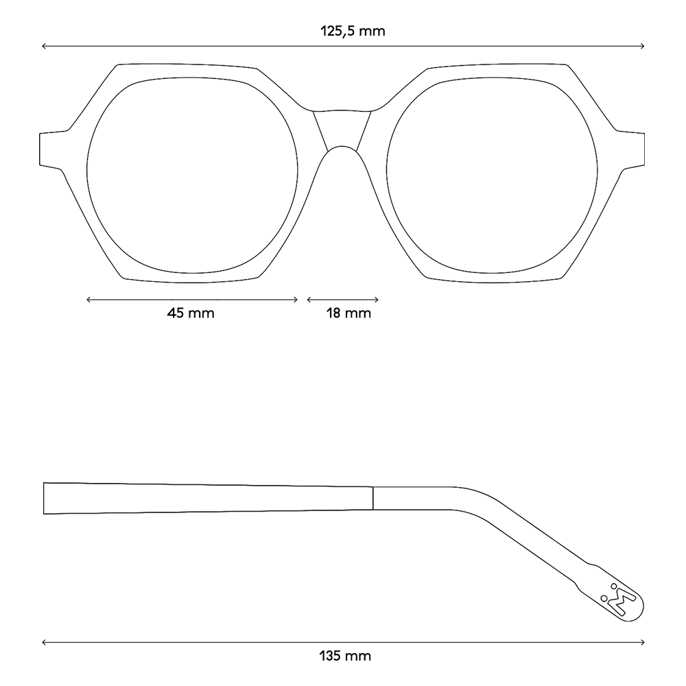 Eine Zeichnung von den Maßen der Brille