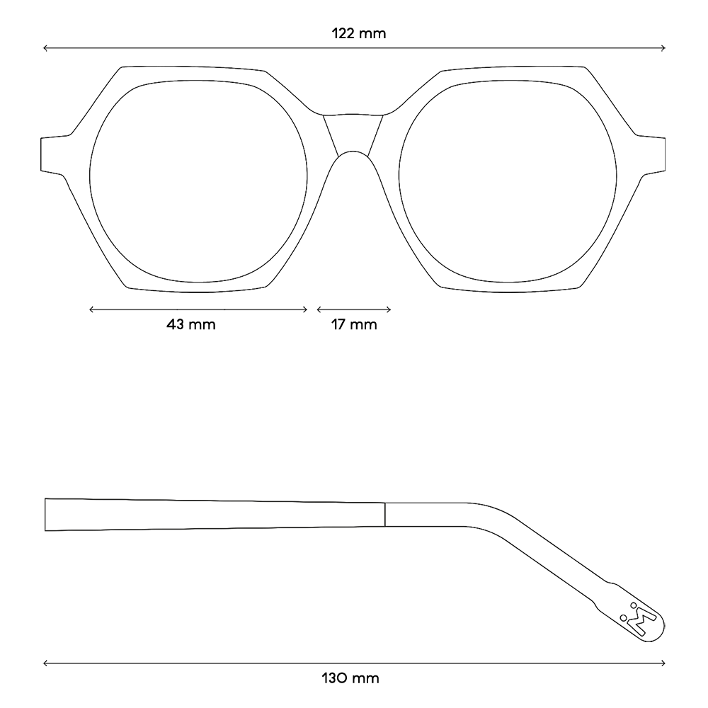 Eine Zeichnung von den Maßen der Brille