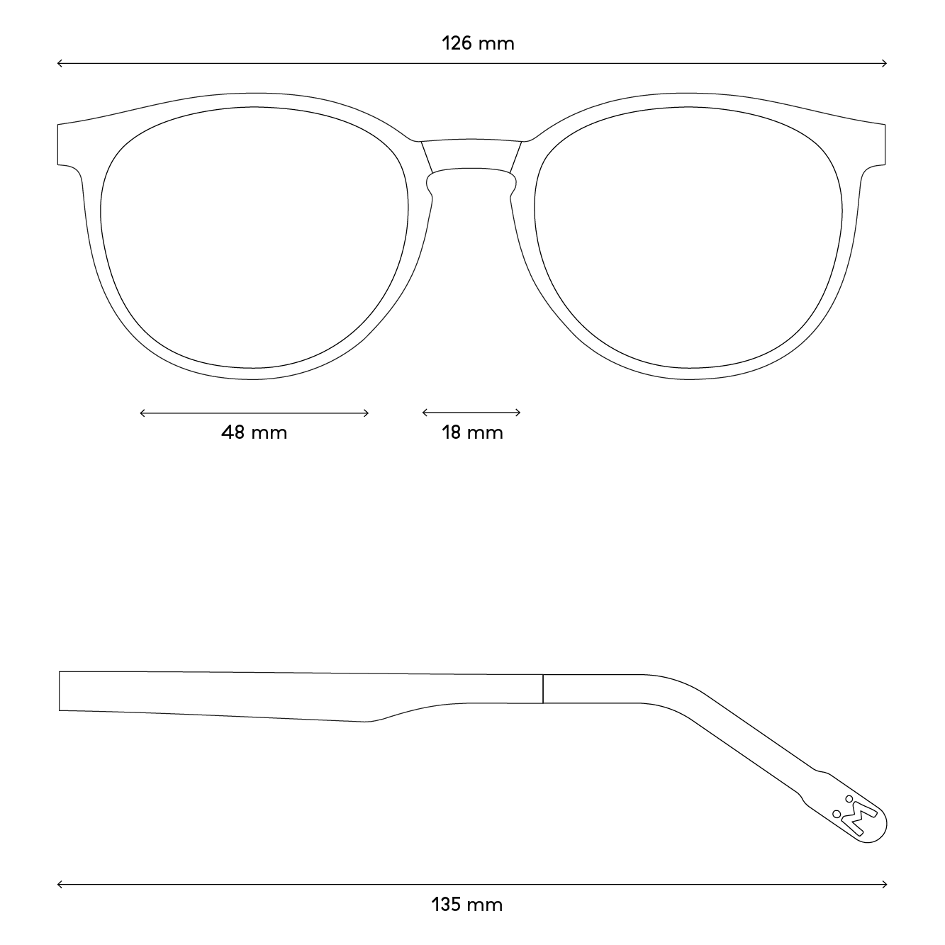 Eine Zeichnung von den Maßen der Brille