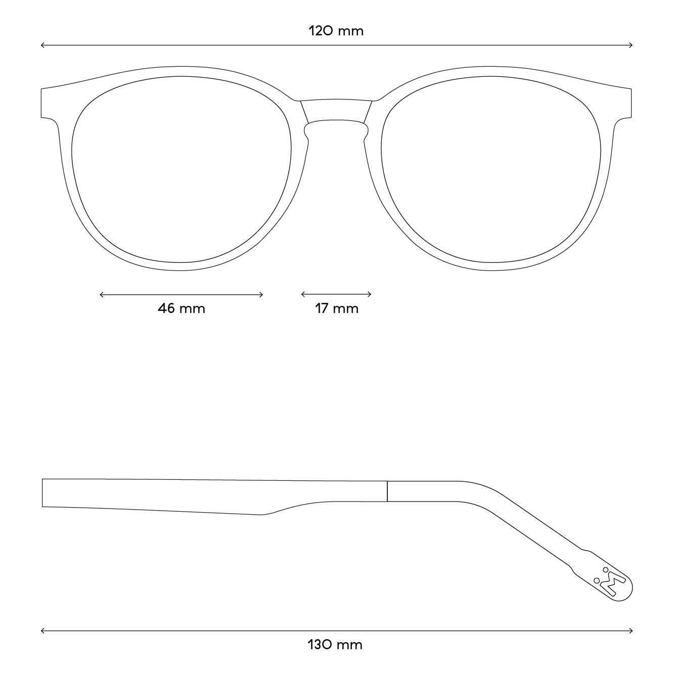 Eine Zeichnung von den Maßen der Brille