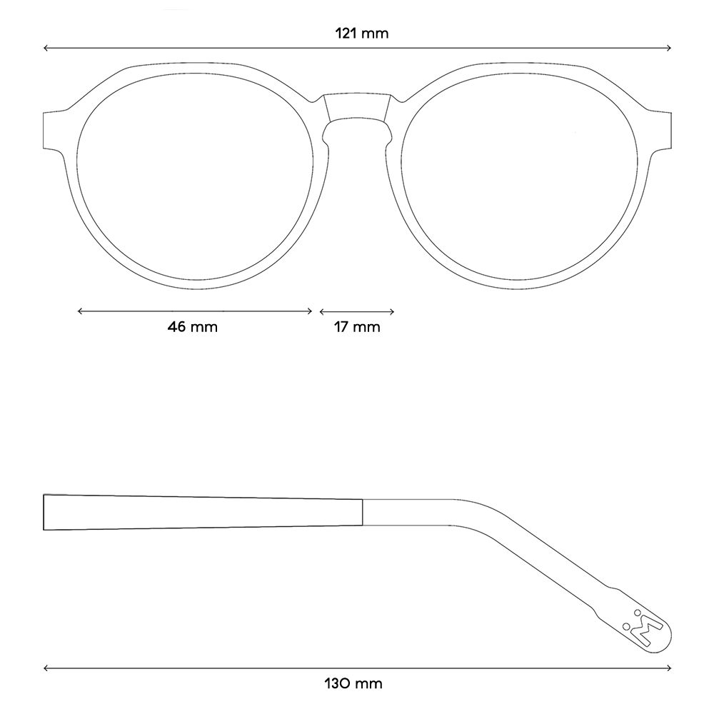 Eine Zeichnung von den Maßen der Brille