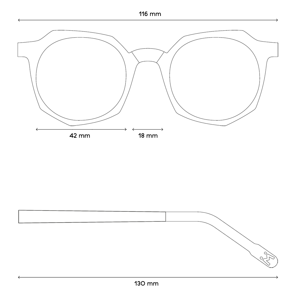 Eine Zeichnung von den Maßen der Brille