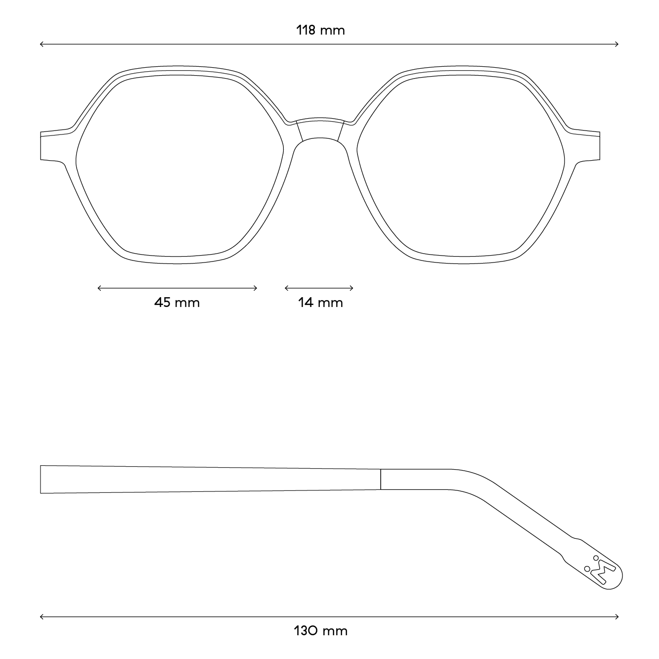 Eine Zeichnung von den Maßen der Brille