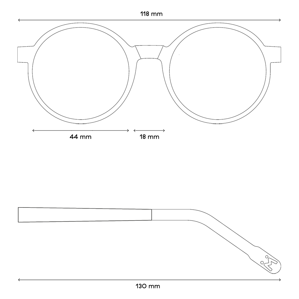 Eine Zeichnung von den Maßen der Brille