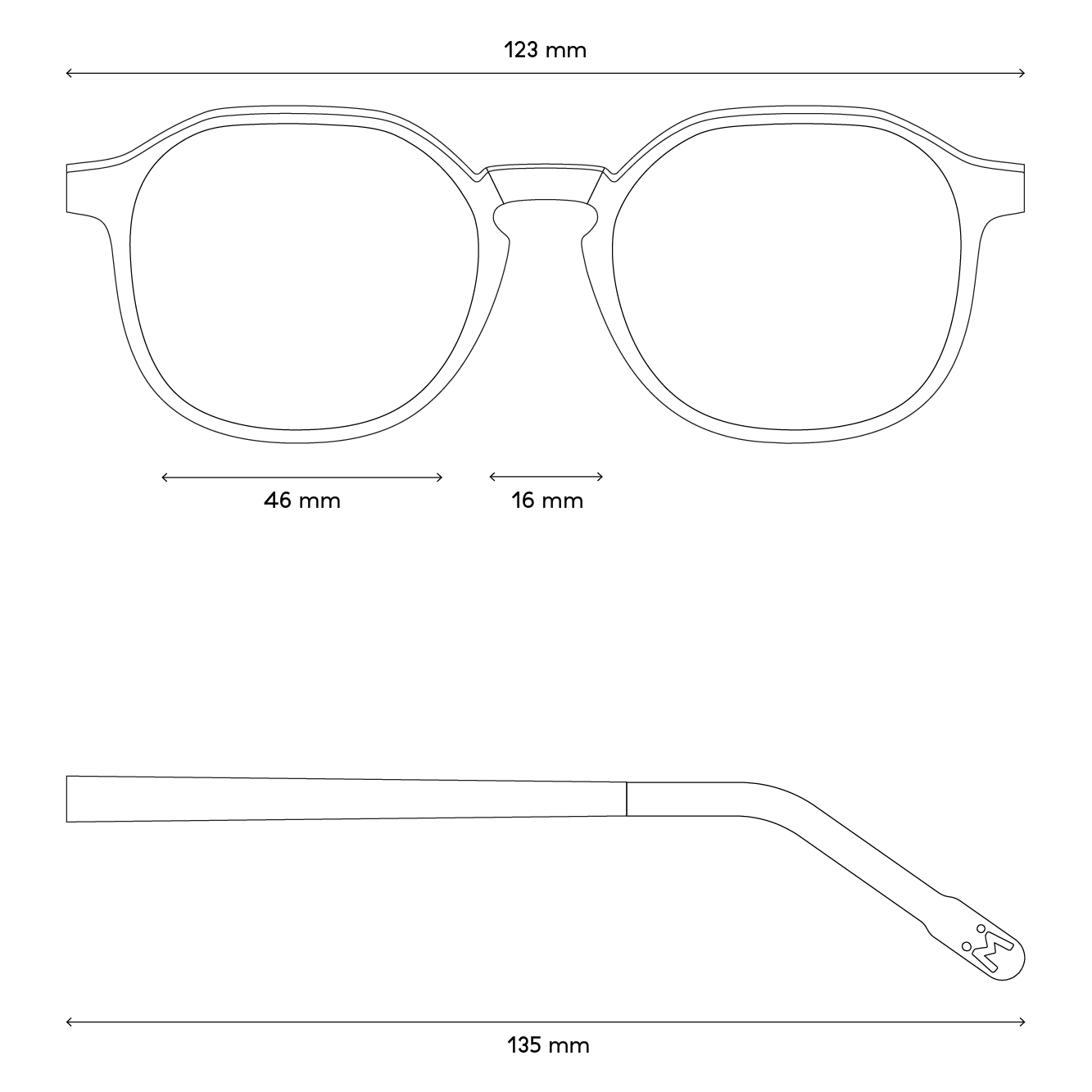 Eine Zeichnung von den Maßen der Brille