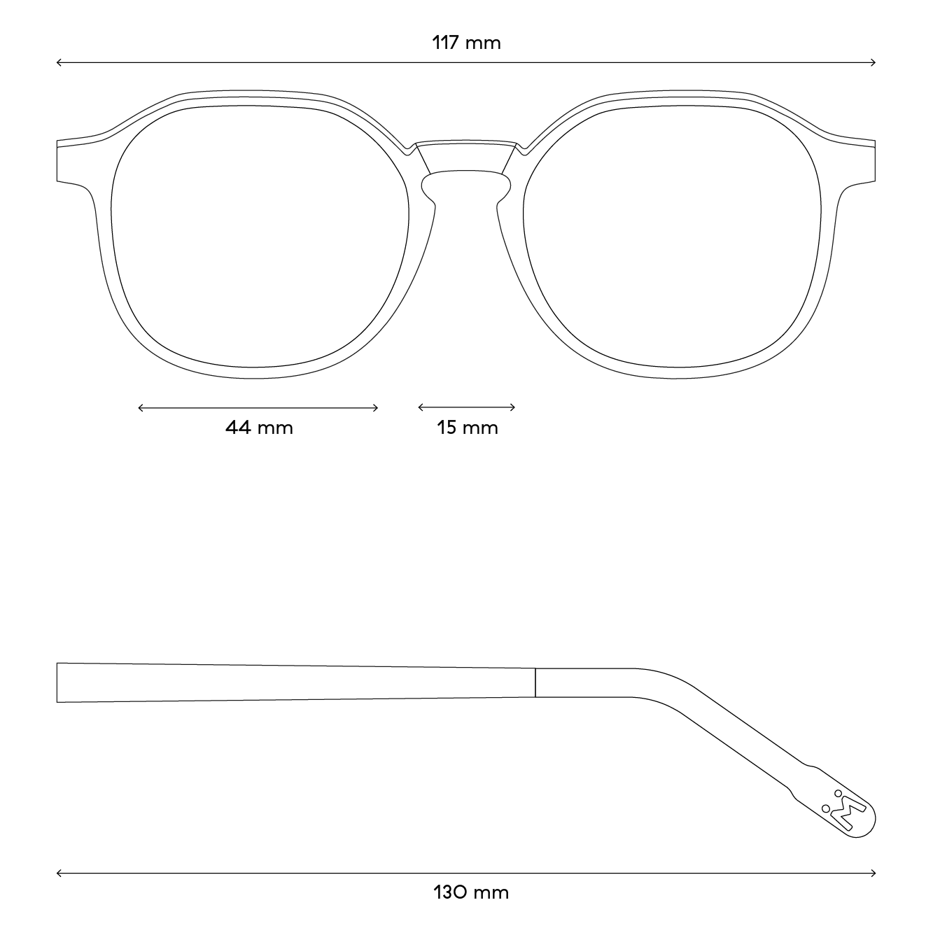 Eine Zeichnung von den Maßen der Brille