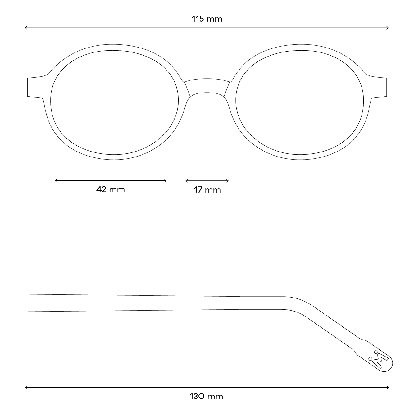 Eine Zeichnung von den Maßen der Brille