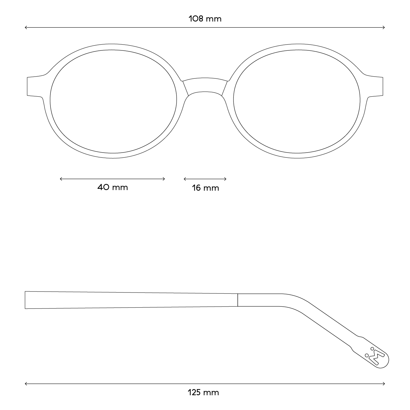 Eine Zeichnung von den Maßen der Brille