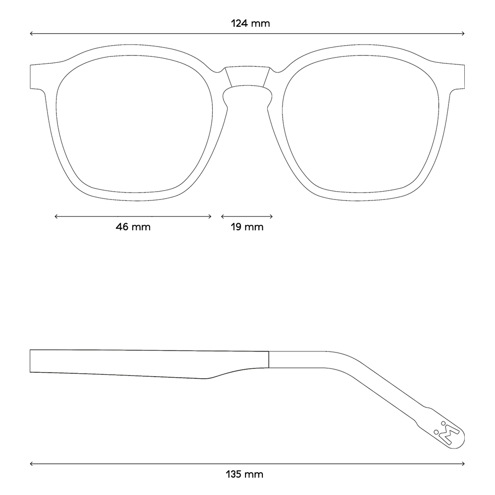 Eine Zeichnung von den Maßen der Brille