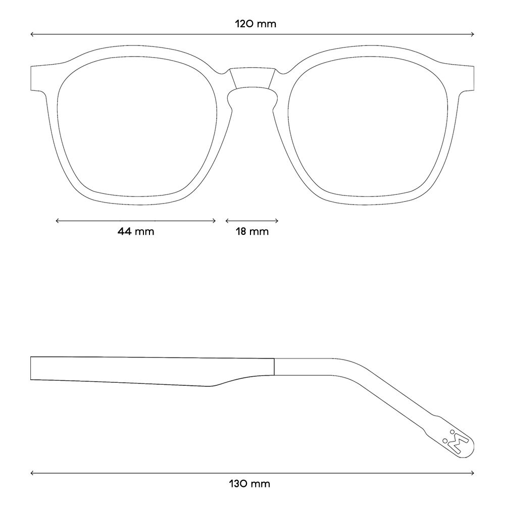 Eine Zeichnung von den Maßen der Brille