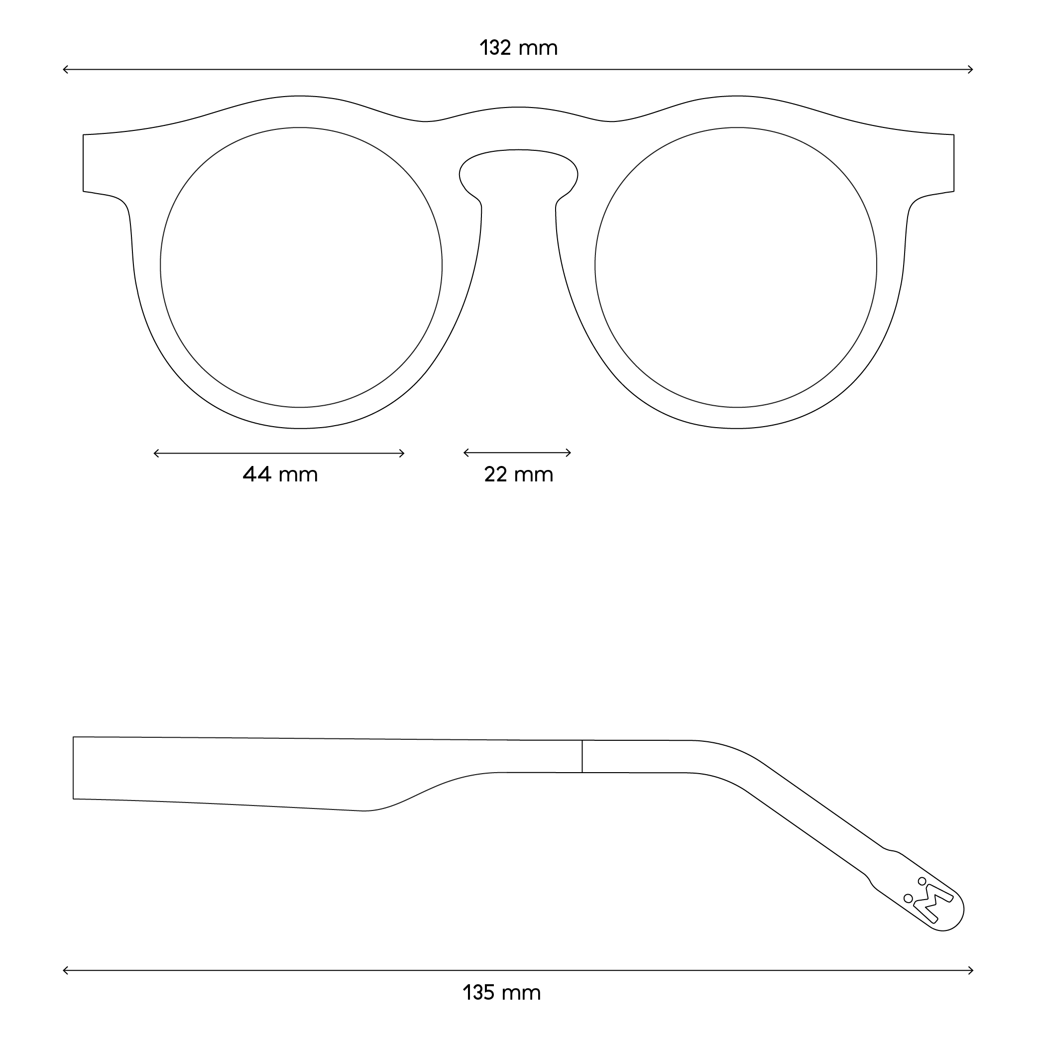 Eine Zeichnung von den Maßen der Brille